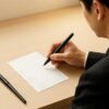 弔電のお礼はがきを丁寧に書く日本人。白い机と薄い花柄のはがき、筆ペンが並ぶ落ち着いた場面