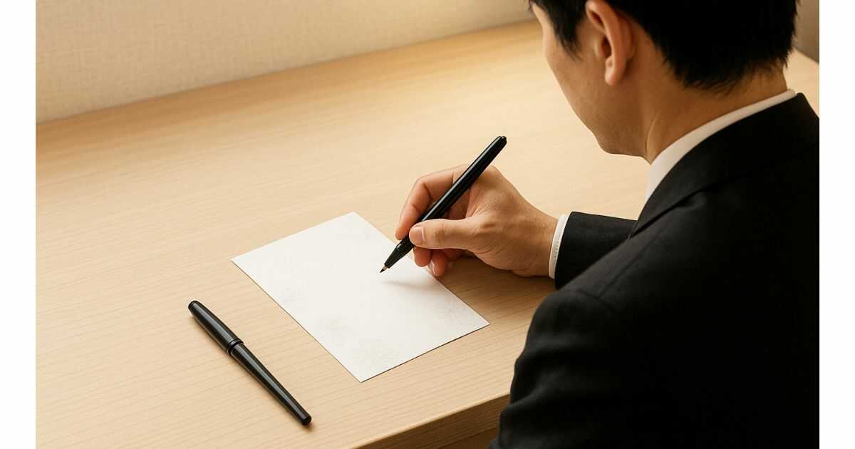 弔電のお礼はがきを丁寧に書く日本人。白い机と薄い花柄のはがき、筆ペンが並ぶ落ち着いた場面