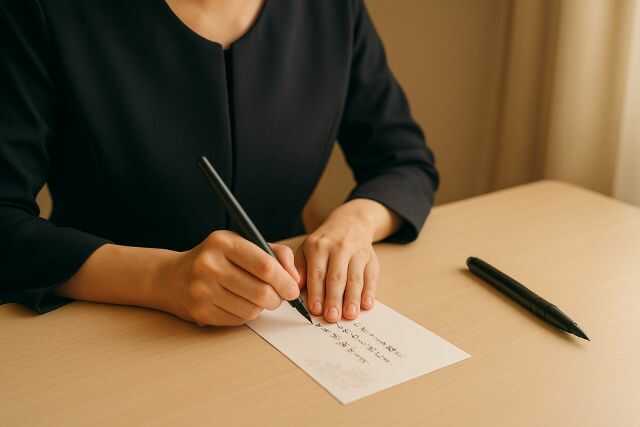 弔電のお礼はがきを丁寧に書く日本人。白い机と薄い花柄のはがき、筆ペンが並ぶ落ち着いた場面