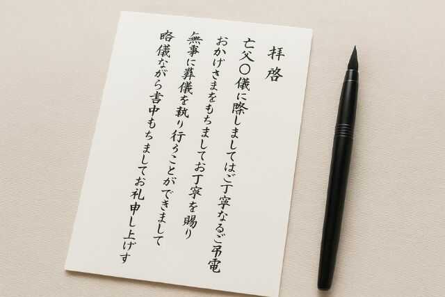 句読点のない縦書きの弔電お礼はがき。筆ペンで丁寧に書かれた日本のマナーに則った形式