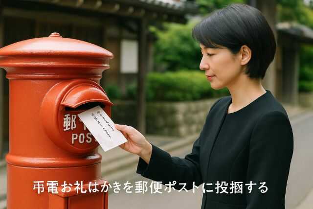 弔電お礼はがきを郵便ポストに投函する日本人。丁寧な対応の象徴的な場面