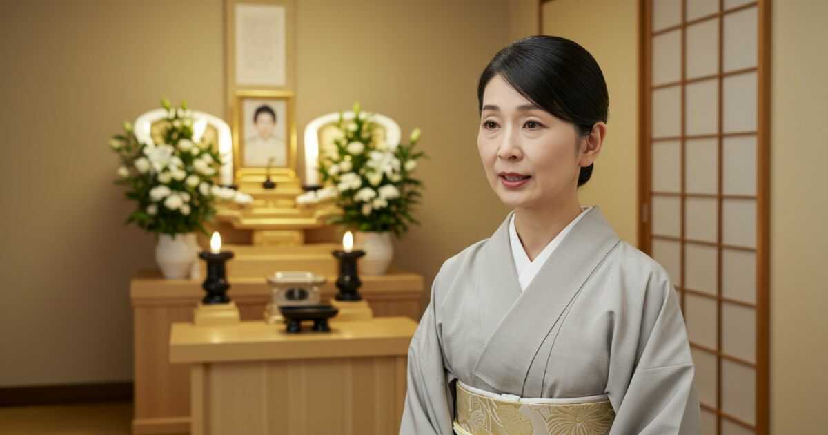 弔電への口頭でのお礼を伝える喪服姿の日本人女性。静かな室内で丁寧に感謝を述べているシーン。