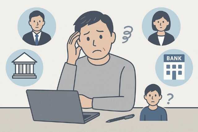 専門家選びに悩む人の困惑した表情と職種アイコン