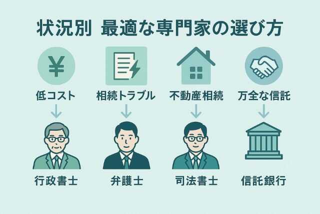 状況に応じた専門家選びを比較する図解イラスト