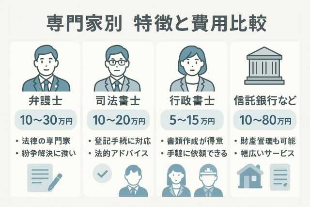 専門家4種の特徴と費用を比較する図解