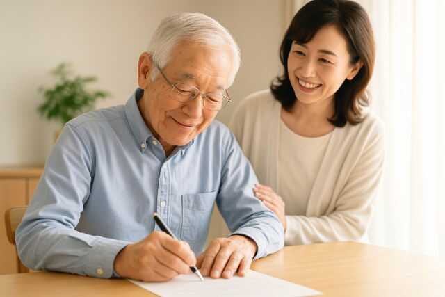 家族に見守られながら遺言書に署名する高齢男性