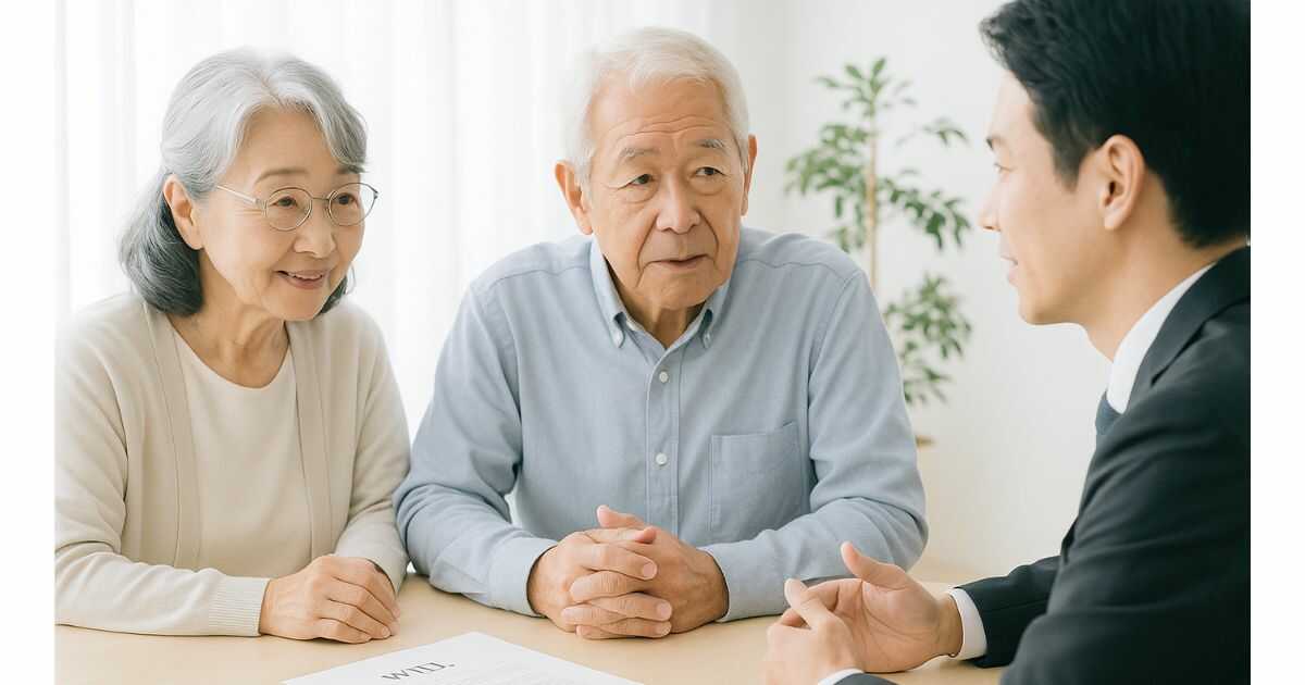 遺言相談をする高齢の男女と専門家の打ち合わせ風景